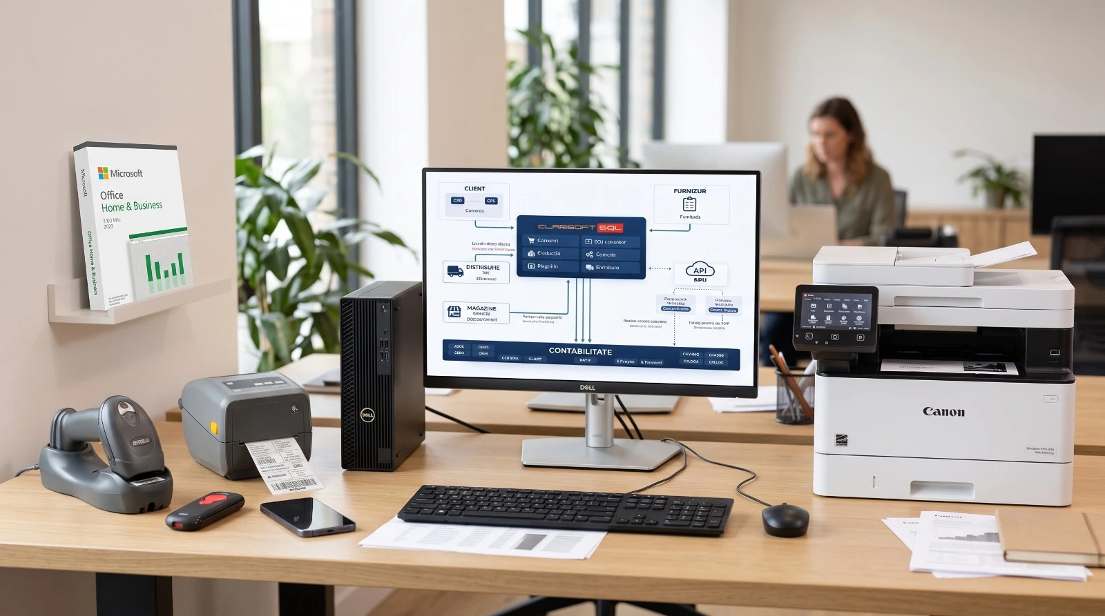 Stație de lucru Dell cu imprimantă de etichete, cititor de coduri de bare, multifuncțională Canon și licență Microsoft Office