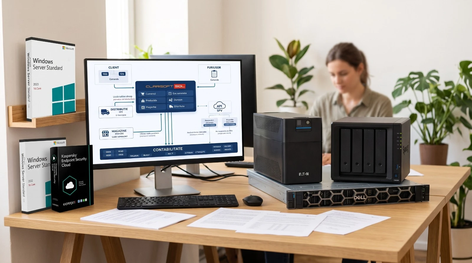 Server Dell, UPS Eaton, stocare Synology și licențe Windows Server și Kaspersky, cu schema sistemului ERP pe monitor